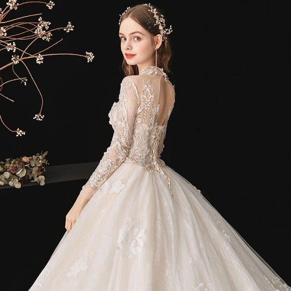 Vintage / Retro Ivory Bridal Wedding Dresses 2020 Ball Gown See-through High Neck Long Sleeve Backless Appliques Lace Beading Cathedral Train Ruffle