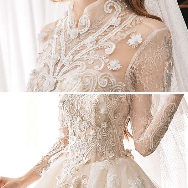 Vintage / Retro Ivory Bridal Wedding Dresses 2020 Ball Gown See-through High Neck Long Sleeve Backless Appliques Lace Beading Cathedral Train Ruffle