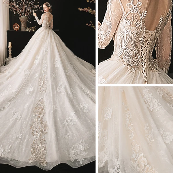 Vintage / Retro Ivory Bridal Wedding Dresses 2020 Ball Gown See-through High Neck Long Sleeve Backless Appliques Lace Beading Cathedral Train Ruffle
