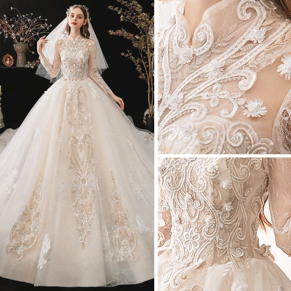 Vintage / Retro Ivory Bridal Wedding Dresses 2020 Ball Gown See-through High Neck Long Sleeve Backless Appliques Lace Beading Cathedral Train Ruffle
