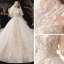 Vintage / Retro Ivory Bridal Wedding Dresses 2020 Ball Gown See-through High Neck Long Sleeve Backless Appliques Lace Beading Cathedral Train Ruffle