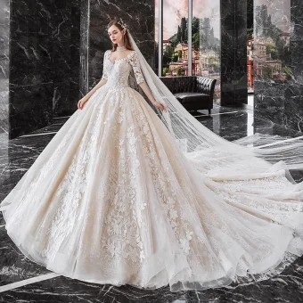Vintage Retro Champagne Bridal Wedding Dresses 2020 Ball Gown See Through High Neck 1 2 Sleeves Backless Appliques Lace Beading Cathedral Train Ruffle