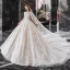 Vintage / Retro Champagne Bridal Wedding Dresses 2020 Ball Gown See-through High Neck 1/2 Sleeves Backless Appliques Lace Beading Cathedral Train Ruffle