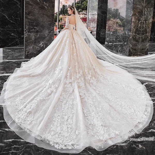 Vintage / Retro Champagne Bridal Wedding Dresses 2020 Ball Gown See-through High Neck 1/2 Sleeves Backless Appliques Lace Beading Cathedral Train Ruffle