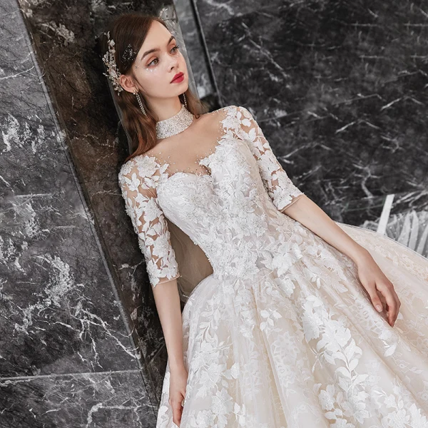Vintage / Retro Champagne Bridal Wedding Dresses 2020 Ball Gown See-through High Neck 1/2 Sleeves Backless Appliques Lace Beading Cathedral Train Ruffle