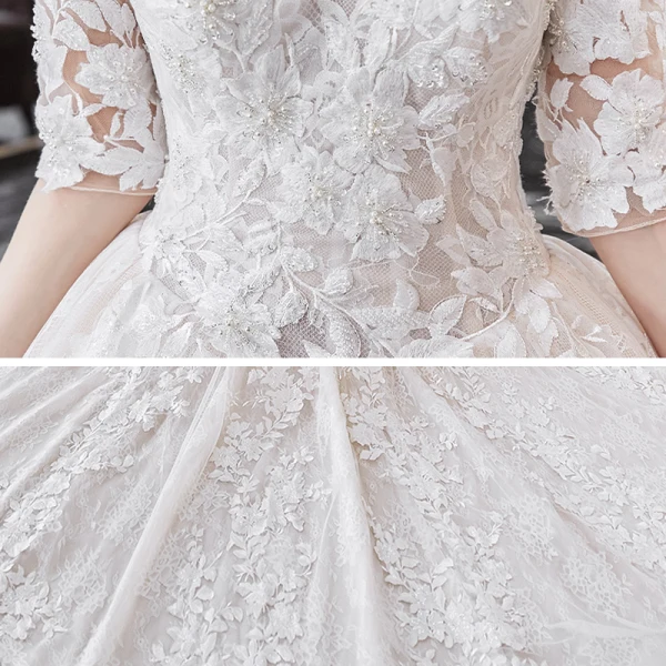 Vintage / Retro Champagne Bridal Wedding Dresses 2020 Ball Gown See-through High Neck 1/2 Sleeves Backless Appliques Lace Beading Cathedral Train Ruffle