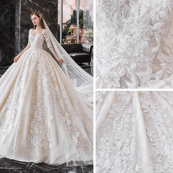 Vintage / Retro Champagne Bridal Wedding Dresses 2020 Ball Gown See-through High Neck 1/2 Sleeves Backless Appliques Lace Beading Cathedral Train Ruffle