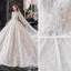 Vintage / Retro Champagne Bridal Wedding Dresses 2020 Ball Gown See-through High Neck 1/2 Sleeves Backless Appliques Lace Beading Cathedral Train Ruffle