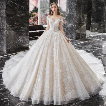 Charmant Champagne La Mariée Robe De Mariée 2020 Robe Boule Transparentes Encolure Dégagée Manches Courtes Perlage Gland Dos Nu Appliques En Dentelle Cathedral Train Volants