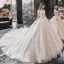 Charming Champagne Bridal Wedding Dresses 2020 Ball Gown See-through Scoop Neck Short Sleeve Beading Tassel Backless Appliques Lace Cathedral Train Ruffle