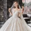 Charming Champagne Bridal Wedding Dresses 2020 Ball Gown See-through Scoop Neck Short Sleeve Beading Tassel Backless Appliques Lace Cathedral Train Ruffle