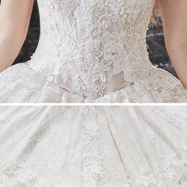 Charming Champagne Bridal Wedding Dresses 2020 Ball Gown See-through Scoop Neck Short Sleeve Beading Tassel Backless Appliques Lace Cathedral Train Ruffle