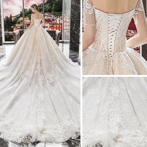 Charming Champagne Bridal Wedding Dresses 2020 Ball Gown See-through Scoop Neck Short Sleeve Beading Tassel Backless Appliques Lace Cathedral Train Ruffle