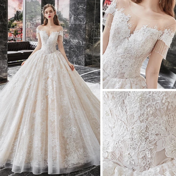 Charming Champagne Bridal Wedding Dresses 2020 Ball Gown See-through Scoop Neck Short Sleeve Beading Tassel Backless Appliques Lace Cathedral Train Ruffle