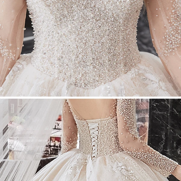 Meilleur Champagne La Mariée Robe De Mariée 2020 Robe Boule Transparentes Encolure Dégagée Manches Longues Dos Nu Paillettes Perlage Glitter Tulle Cathedral Train Volants