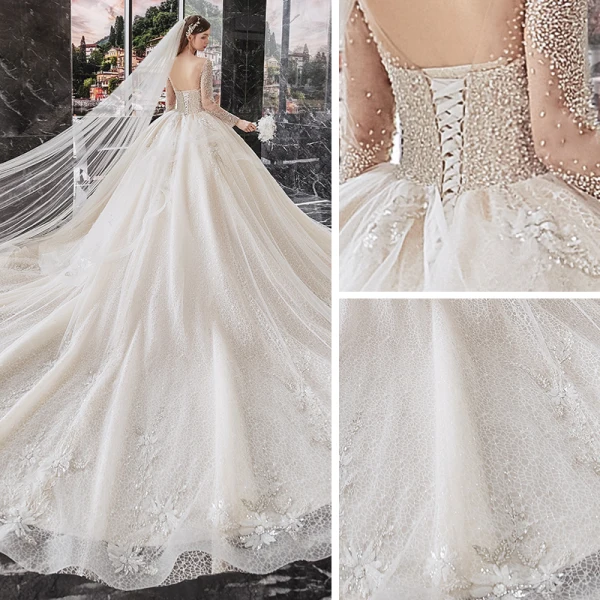 Meilleur Champagne La Mariée Robe De Mariée 2020 Robe Boule Transparentes Encolure Dégagée Manches Longues Dos Nu Paillettes Perlage Glitter Tulle Cathedral Train Volants