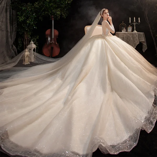 Charming Champagne Bridal Wedding Dresses 2020 Ball Gown See-through Scoop Neck Long Sleeve Appliques Lace Sequins Beading Glitter Tulle Cathedral Train Ruffle
