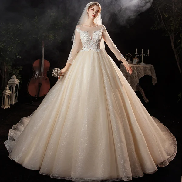 Charming Champagne Bridal Wedding Dresses 2020 Ball Gown See-through Scoop Neck Long Sleeve Appliques Lace Sequins Beading Glitter Tulle Cathedral Train Ruffle