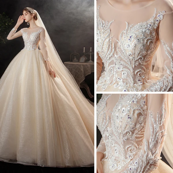 Charming Champagne Bridal Wedding Dresses 2020 Ball Gown See-through Scoop Neck Long Sleeve Appliques Lace Sequins Beading Glitter Tulle Cathedral Train Ruffle