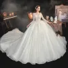 Best Ivory Bridal Wedding Dresses 2020 Ball Gown V-Neck Long Sleeve Backless Sequins Beading Cathedral Train Ruffle