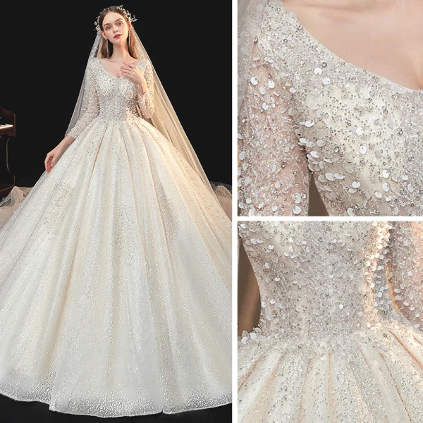 Meilleur Ivoire La Mariée Robe De Mariée 2020 Robe Boule V-Cou Manches Longues Dos Nu Paillettes Perlage Cathedral Train Volants