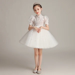 Style Victorien Blanche Anniversaire Robe Ceremonie Fille 2020 Robe Boule Col Haut Gonflée Manches Courtes Glitter Tulle Courte Volants
