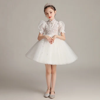 Victorian Style White Birthday Flower Girl Dresses 2020 Ball Gown High Neck Puffy Short Sleeve Glitter Tulle Short Ruffle