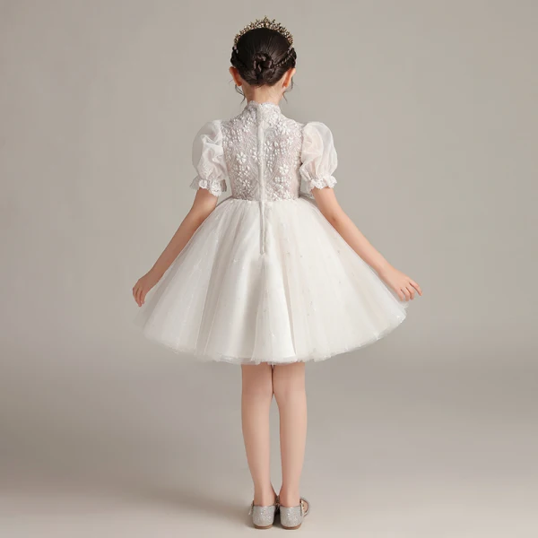 Victorian Style White Birthday Flower Girl Dresses 2020 Ball Gown High Neck Puffy Short Sleeve Glitter Tulle Short Ruffle