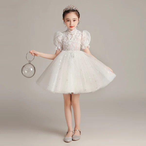 Victorian Style White Birthday Flower Girl Dresses 2020 Ball Gown High Neck Puffy Short Sleeve Glitter Tulle Short Ruffle