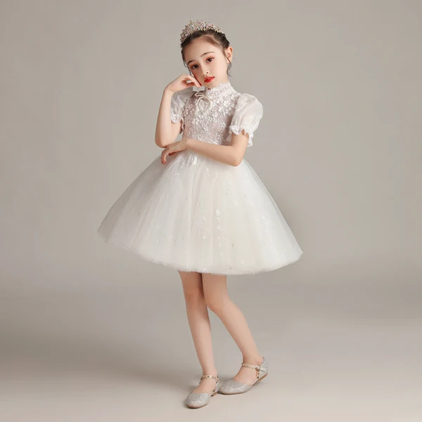 Victorian Style White Birthday Flower Girl Dresses 2020 Ball Gown High Neck Puffy Short Sleeve Glitter Tulle Short Ruffle