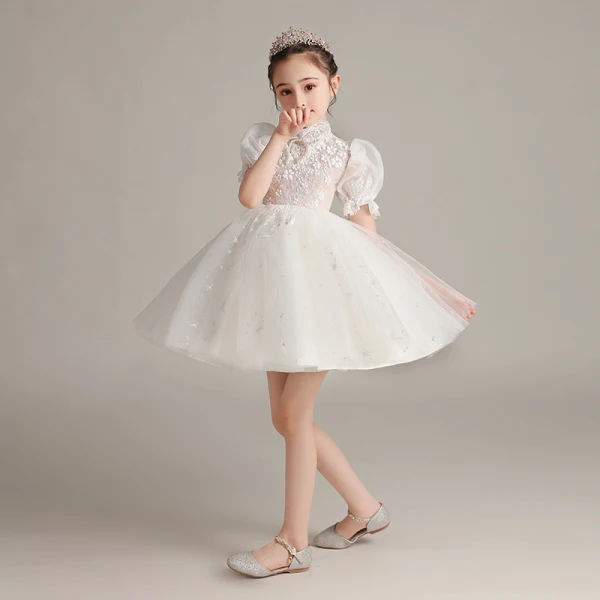 Victorian Style White Birthday Flower Girl Dresses 2020 Ball Gown High Neck Puffy Short Sleeve Glitter Tulle Short Ruffle