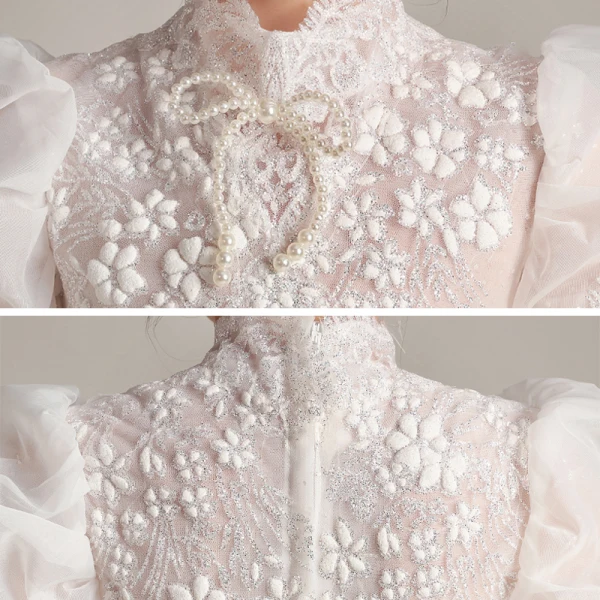 Victorian Style White Birthday Flower Girl Dresses 2020 Ball Gown High Neck Puffy Short Sleeve Glitter Tulle Short Ruffle