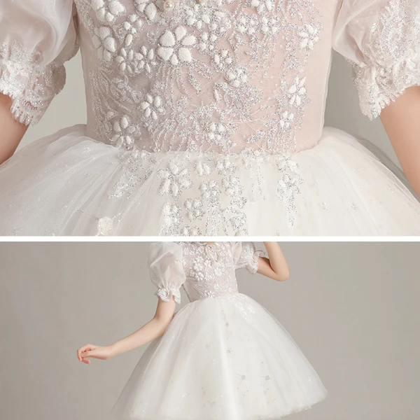 Victorian Style White Birthday Flower Girl Dresses 2020 Ball Gown High Neck Puffy Short Sleeve Glitter Tulle Short Ruffle