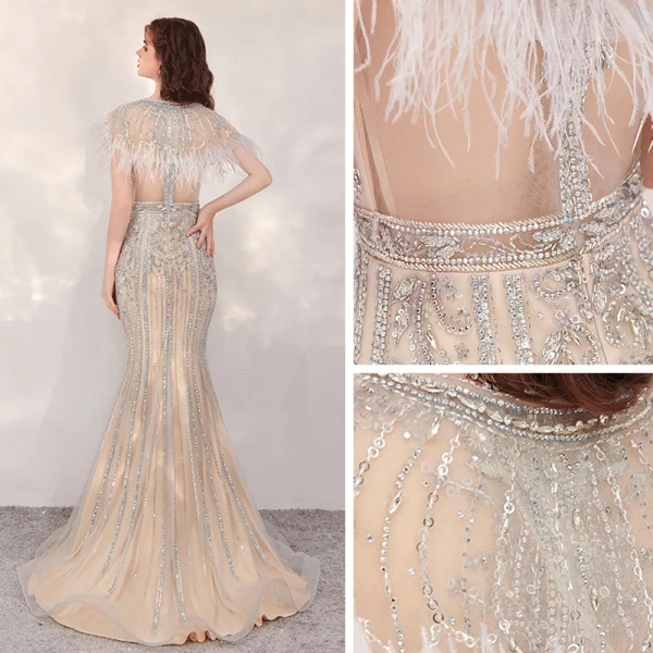 Luxe Doré Transparentes Robe De Soirée 2020 Trompette / Sirène Encolure Dégagée Manches Courtes Perlage Plumes Fendue devant Train De Balayage Robe De Ceremonie