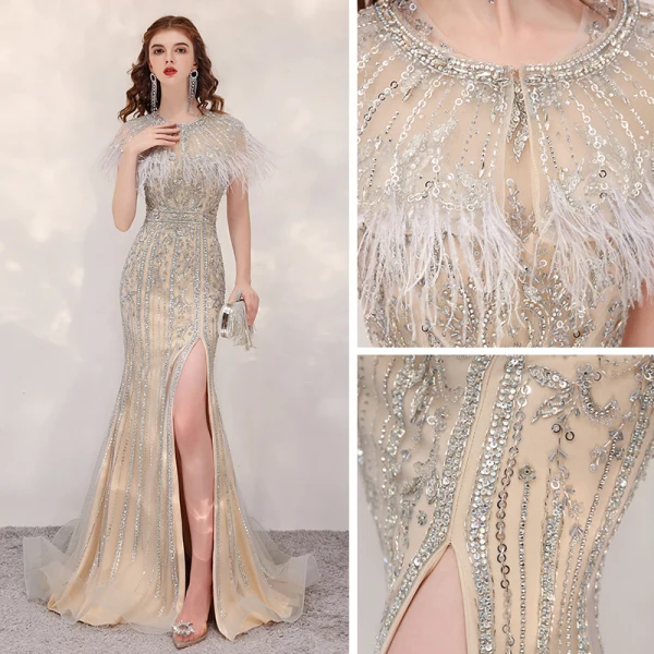 Luxe Doré Transparentes Robe De Soirée 2020 Trompette / Sirène Encolure Dégagée Manches Courtes Perlage Plumes Fendue devant Train De Balayage Robe De Ceremonie