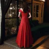 Chic / Beautiful Red Satin Dancing Prom Dresses 2020 A-Line / Princess See-through Scoop Neck Short Sleeve Rhinestone Floor-Length / Long Ruffle Backless Formal Dresses