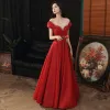Chic / Beautiful Red Satin Dancing Prom Dresses 2020 A-Line / Princess See-through Scoop Neck Short Sleeve Rhinestone Floor-Length / Long Ruffle Backless Formal Dresses