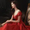 Chic / Belle Rouge Satin Dansant Robe De Bal 2020 Princesse Transparentes Encolure Dégagée Manches Courtes Faux Diamant Longue Volants Dos Nu Robe De Ceremonie