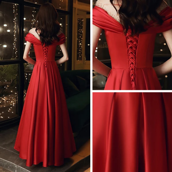 Schöne Rot Satin Tanzen Ballkleider 2020 A Linie Durchsichtige Rundhalsausschnitt Kurze Ärmel Strass Lange Rüschen Rückenfreies Festliche Kleider