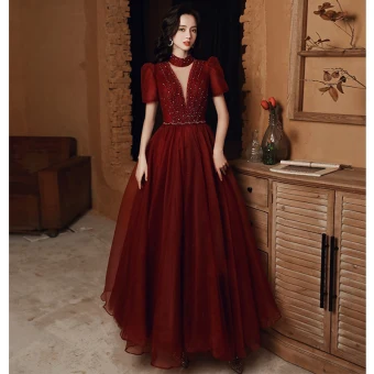 Vintage Originale Bordeaux Dansant Robe De Bal 2020 Princesse Col Haut Gonflée Manches Courtes Paillettes Perlage Longue Volants Dos Nu Robe De Ceremonie