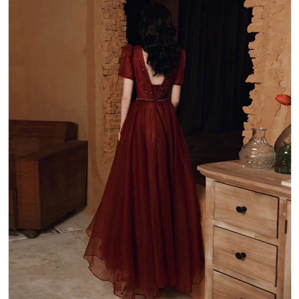 Vintage / Retro Burgundy Dancing Prom Dresses 2020 A-Line / Princess High Neck Puffy Short Sleeve Sequins Beading Floor-Length / Long Ruffle Backless Formal Dresses