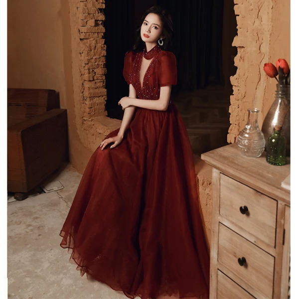 Vintage / Retro Burgundy Dancing Prom Dresses 2020 A-Line / Princess High Neck Puffy Short Sleeve Sequins Beading Floor-Length / Long Ruffle Backless Formal Dresses