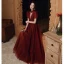 Vintage / Retro Burgundy Dancing Prom Dresses 2020 A-Line / Princess High Neck Puffy Short Sleeve Sequins Beading Floor-Length / Long Ruffle Backless Formal Dresses
