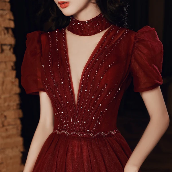 Vintage / Retro Burgundy Dancing Prom Dresses 2020 A-Line / Princess High Neck Puffy Short Sleeve Sequins Beading Floor-Length / Long Ruffle Backless Formal Dresses