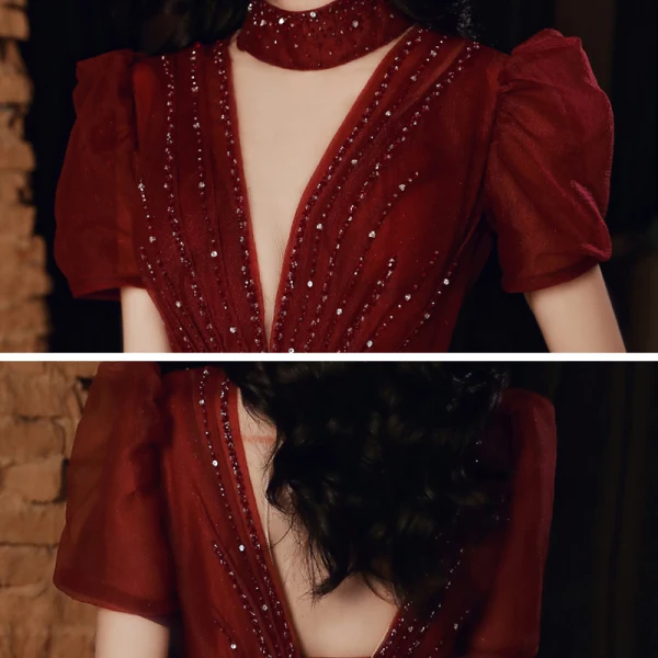 Vintage / Retro Burgundy Dancing Prom Dresses 2020 A-Line / Princess High Neck Puffy Short Sleeve Sequins Beading Floor-Length / Long Ruffle Backless Formal Dresses