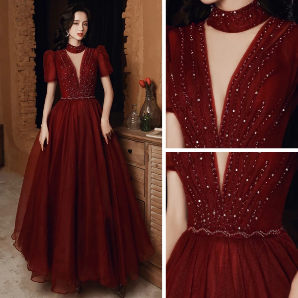 Vintage / Retro Burgundy Dancing Prom Dresses 2020 A-Line / Princess High Neck Puffy Short Sleeve Sequins Beading Floor-Length / Long Ruffle Backless Formal Dresses