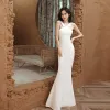Asequible Blanco Vestidos de noche 2020 Trumpet / Mermaid V-Cuello Sin Mangas Rebordear Largos Sin Espalda Vestidos Formales