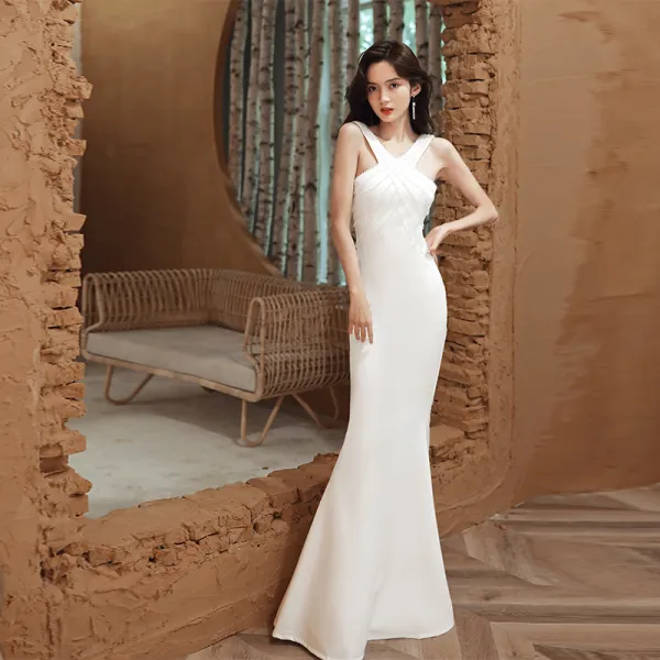 Asequible Blanco Vestidos de noche 2020 Trumpet / Mermaid V-Cuello Sin Mangas Rebordear Largos Sin Espalda Vestidos Formales
