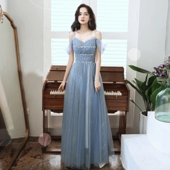 Chic Belle Océan Bleu Robe De Bal 2020 Princesse Bretelles Spaghetti Manches Courtes Paillettes Perlage Longue Volants Dos Nu Robe De Ceremonie
