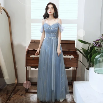 Chic Belle Océan Bleu Robe De Bal 2020 Princesse Bretelles Spaghetti Manches Courtes Paillettes Perlage Longue Volants Dos Nu Robe De Ceremonie